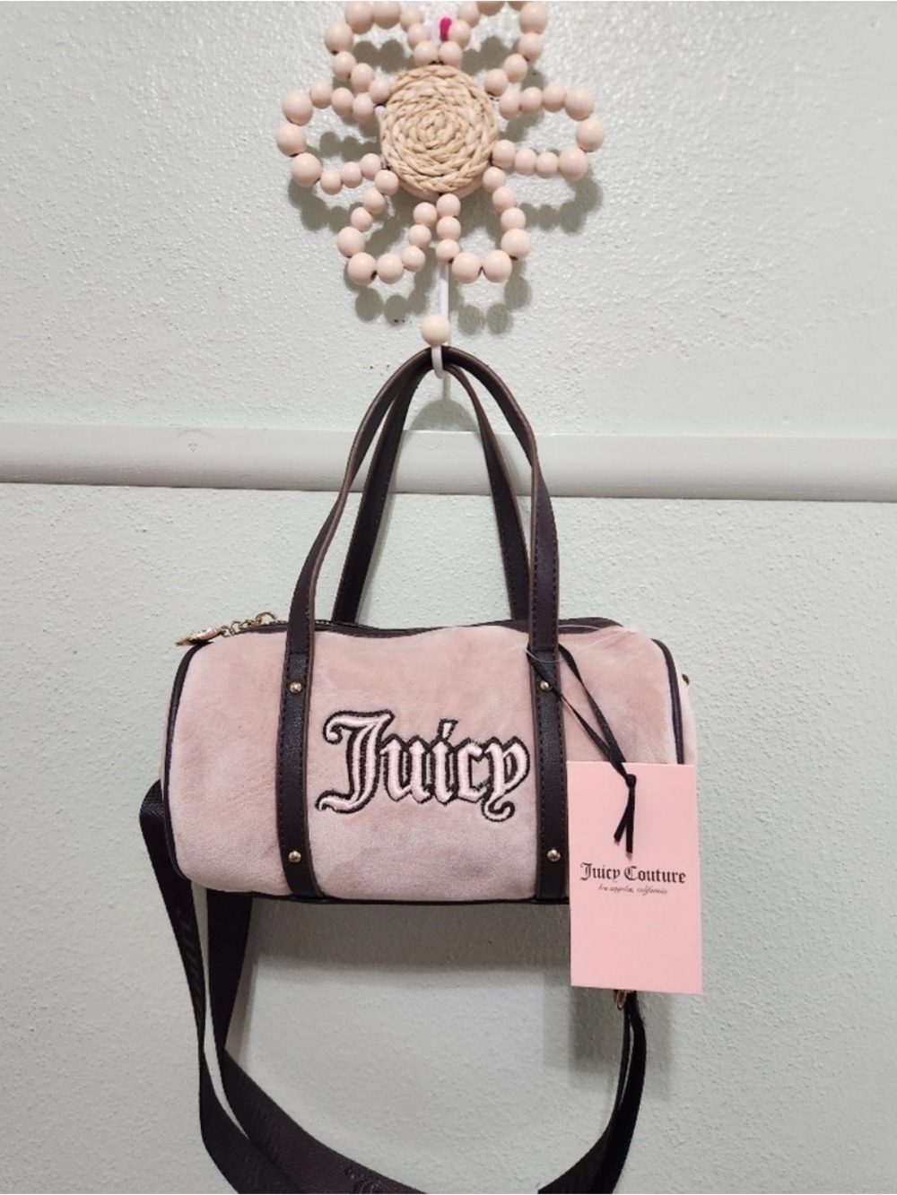 Juicy Couture Blush Pink Suede Mini Barrel Bag with Black Trim